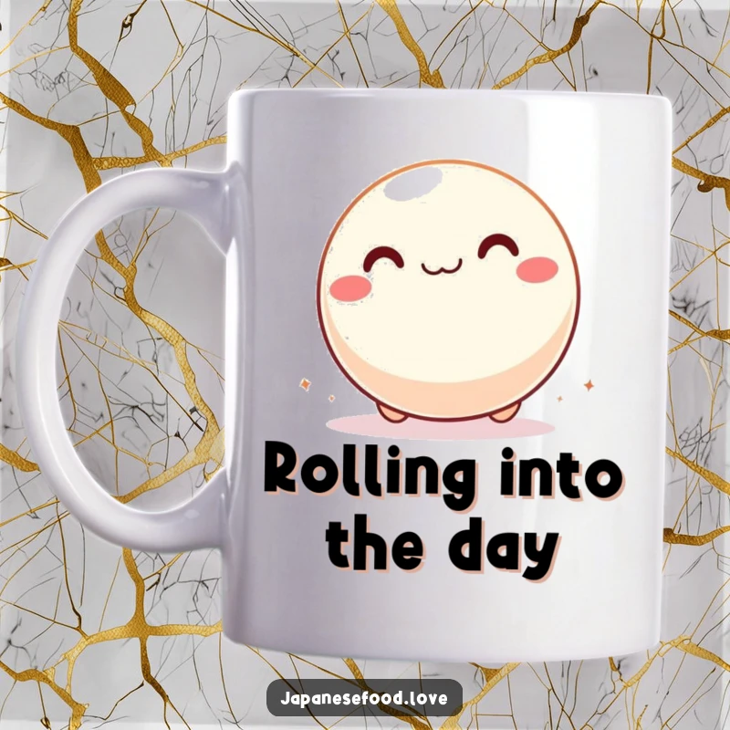 Funny mug depicting a giddy mochi ball rolling across a surface with pure delight and infectious happiness.