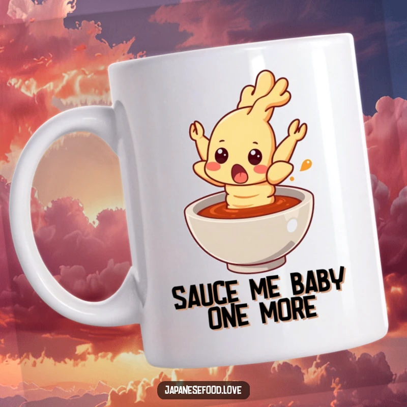 Funny t tempura shrimp mug, surprised and jumping out of a sauce bowl, a hilarious food design perfect for gifts.