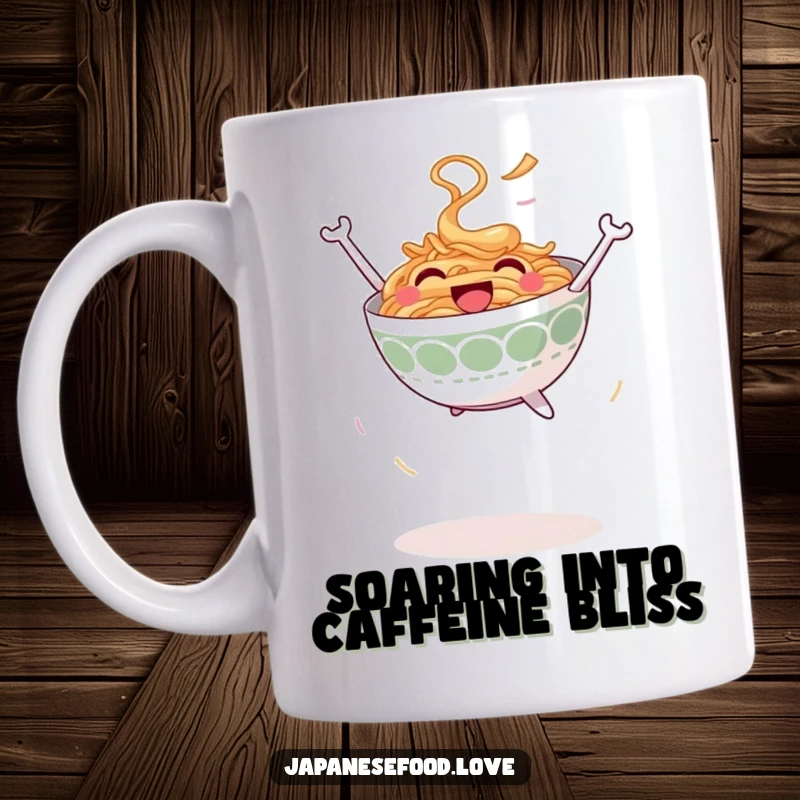 Funny Jumping Ramen Bowl Mug: Smiling ramen bowl leaping joyfully into the air, noodle humor, happy kitchenware, funny gift.
