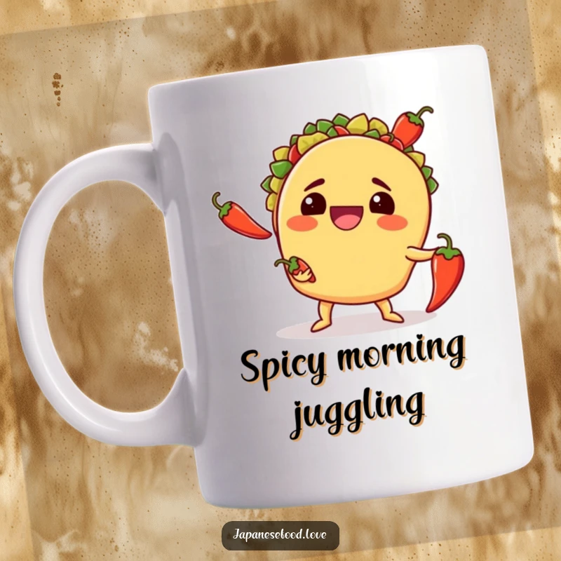 Funny mug showing a smiling taco awkwardly juggling three bright red chili peppers, embodying chaotic culinary fun.