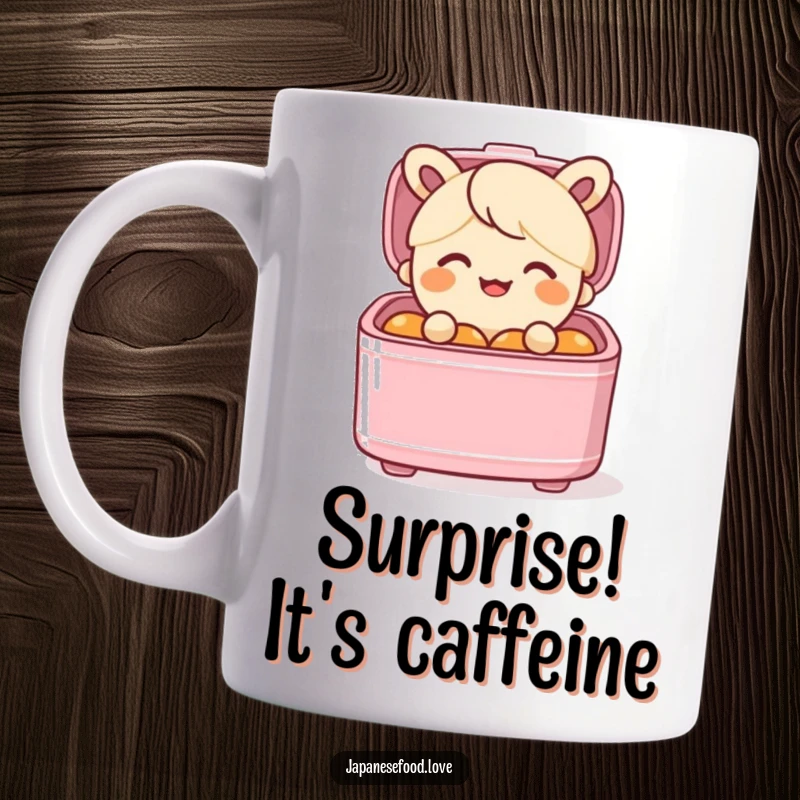 Funny mug featuring a smiling bento box character popping out of its lid with an expression of delightful surprise.