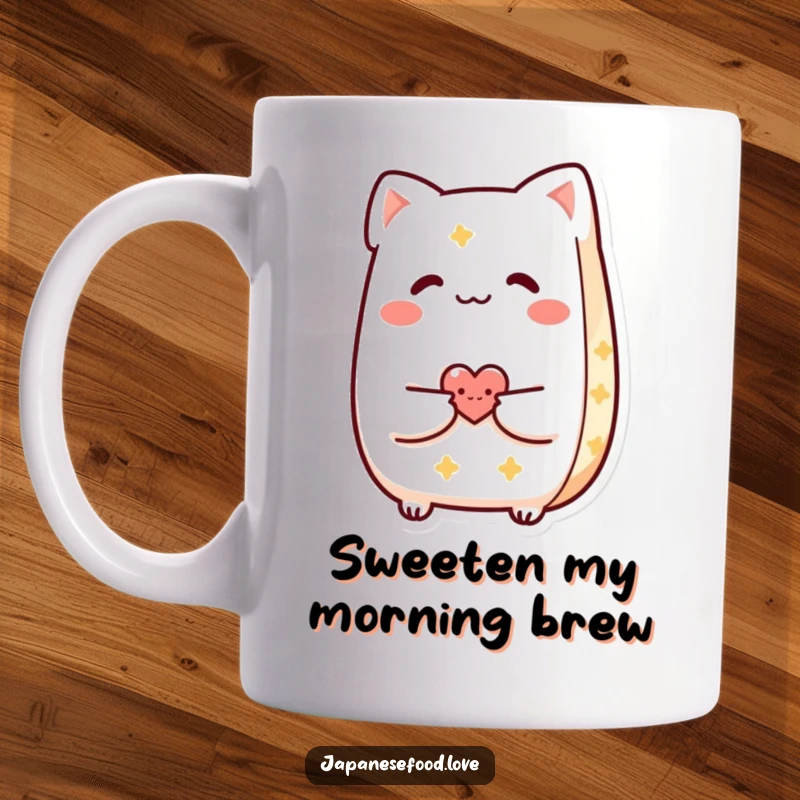 Funny Taiyaki mug with a smiling pastry character sharing a tiny red heart with another friend, symbolizing friendship and love.