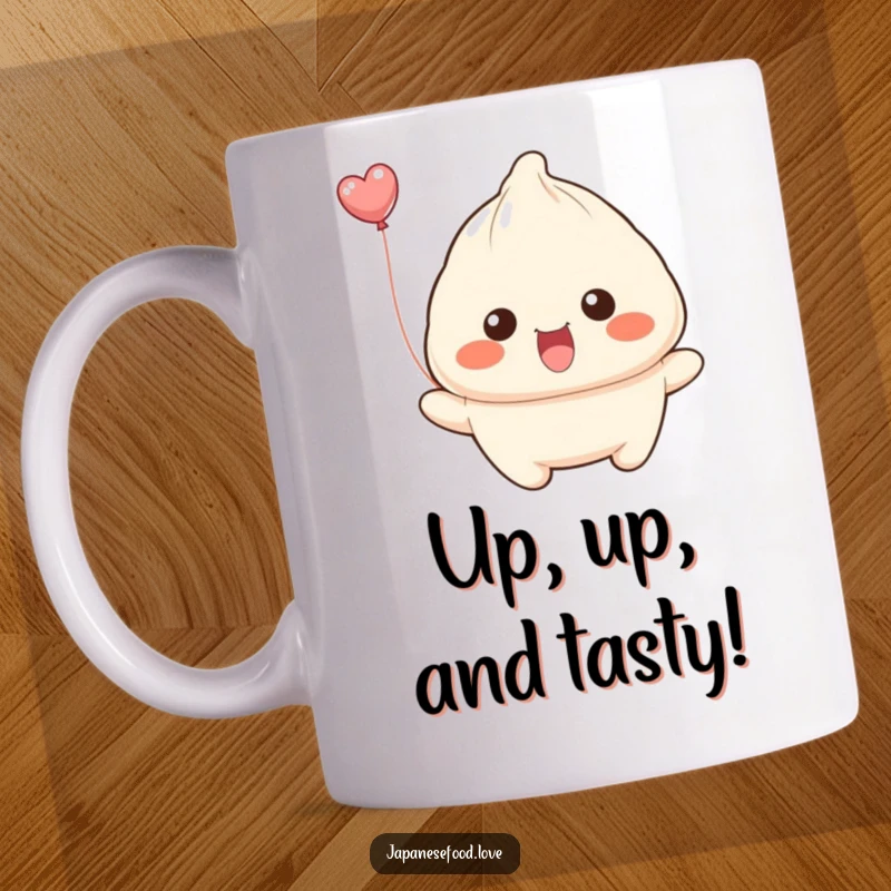 Funny dumpling with wide smile attempting to float away like a balloon on a mug, conveying pure, unadulterated joy.