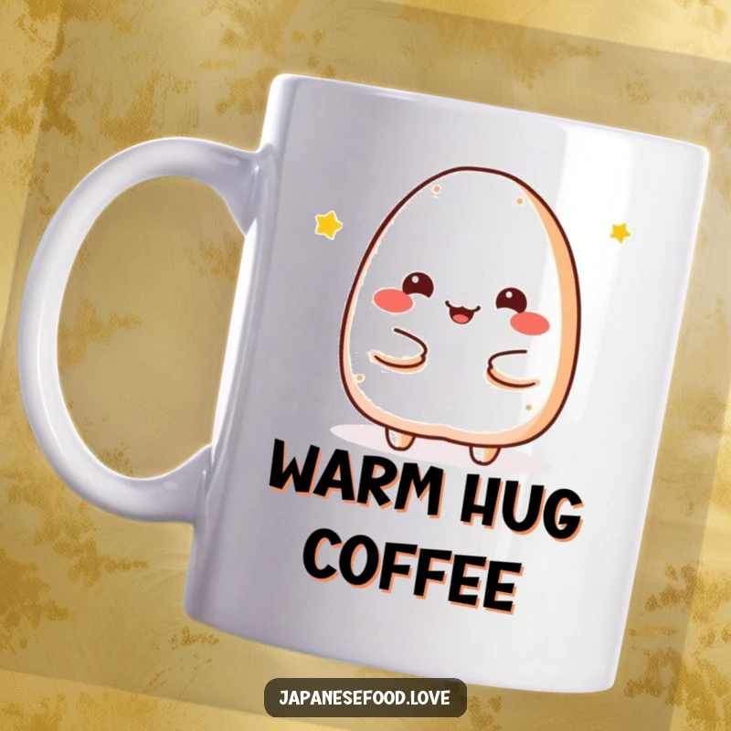 Funny Mug depicting a cheerful onigiri character extending its arms for a warm, comforting embrace, radiating friendliness and humor.