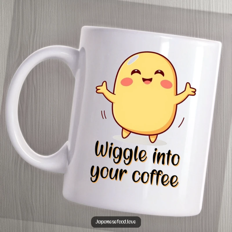 Funny smiling tamagoyaki character doing a wiggly dance, bringing infectious joy and humor to your mug collection.
