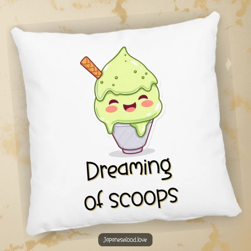 Funny pillow with a joyful matcha ice cream character scooping a huge portion, perfect for adding soft, sweet comfort.