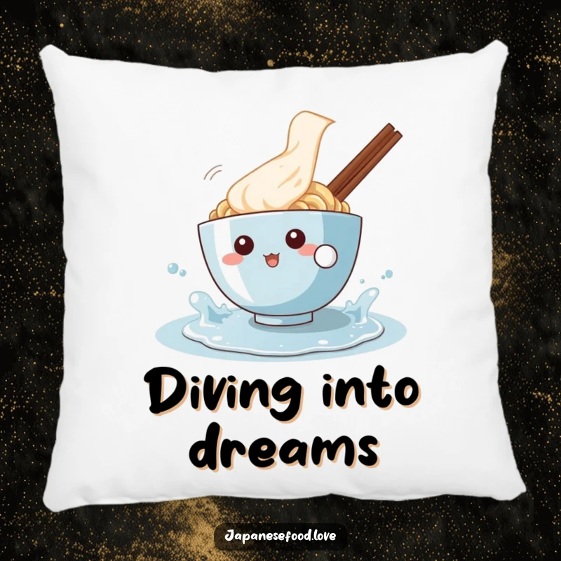 Funny pillow featuring a happy ramen bowl character playfully splashing in a puddle, offering comfort and a cheerful accent.