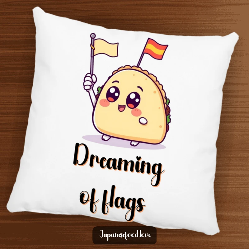 Soft pillow featuring a taco with big, round eyes waving a tiny flag, a fun and cozy decor item.