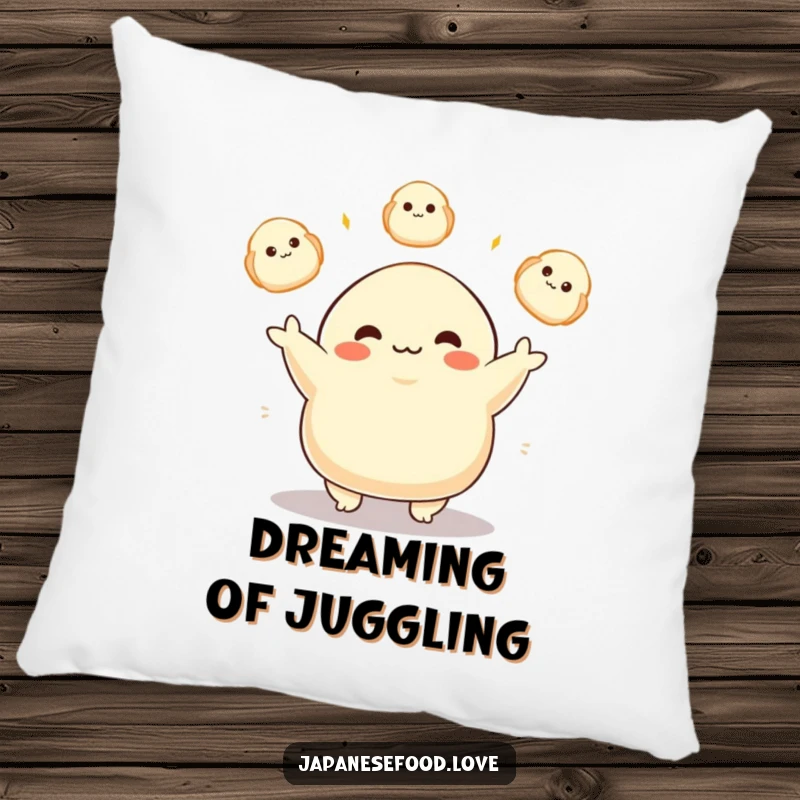 Funny pillow design of a plump dumpling character happily juggling glowing dumplings, offering comfort and a sense of playful joy.