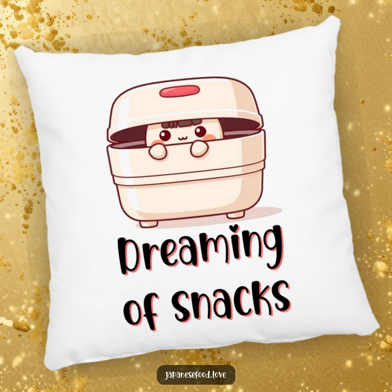 Funny cheerful bento box with lid slightly ajar, peeking curiously on a pillow, a cute and humorous home decor item.