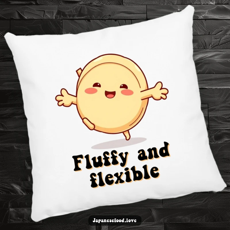 Funny pillow featuring a grinning steamed bun character performing a dynamic cartwheel, adding a touch of doughy humor to relaxation.