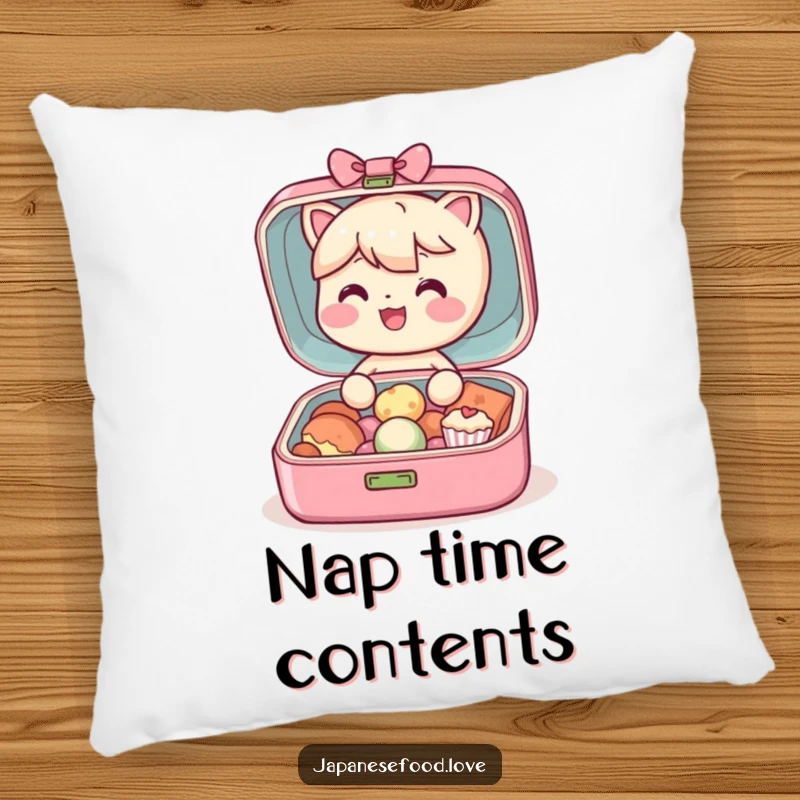 Funny Bento Box Pillow: A happy bento box character sits, ready to open and reveal its delightful tiny treats, offering comfort and charm.