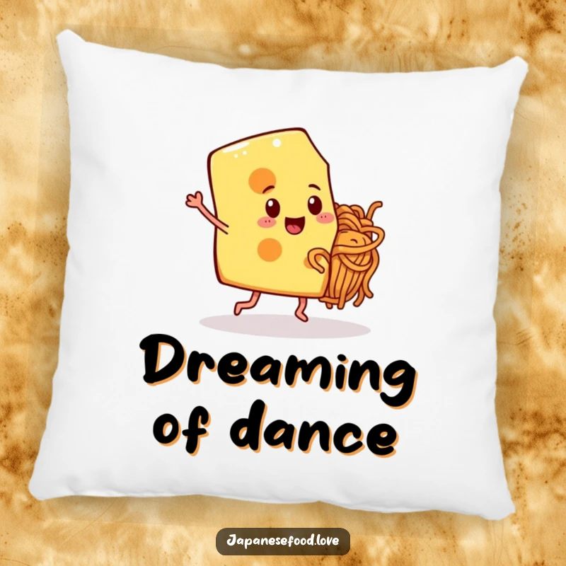 Soft pillow featuring a happy cheese slice dancing with a noodle friend, a fun and cozy decor item.
