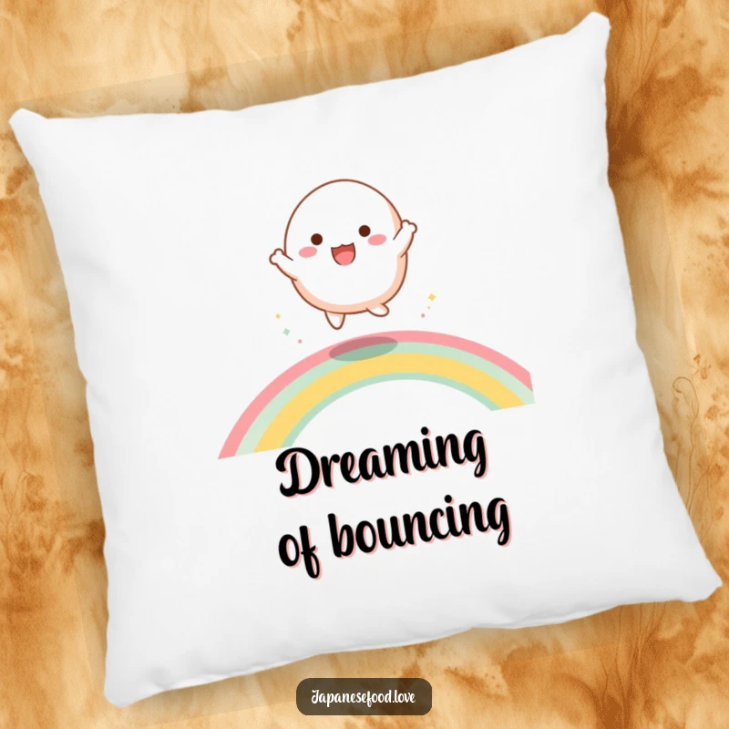 Funny pillow showing a cheerful mochi character joyfully dancing and bouncing on a colorful, ethereal rainbow.