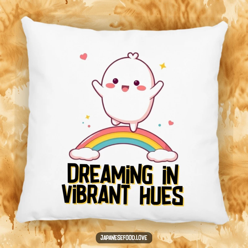 Funny mochi character dancing with abandon on a bright rainbow, soft and humorous decorative pillow.