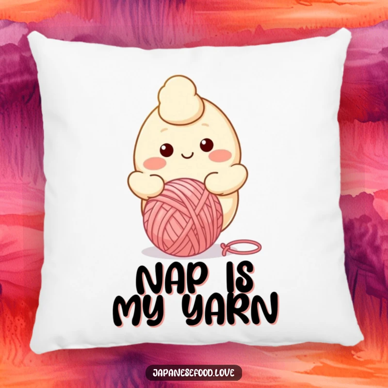 Funny pillow showcasing a smiling dumpling character happily engaged in bouncing a ball of yarn, perfect for comfort.