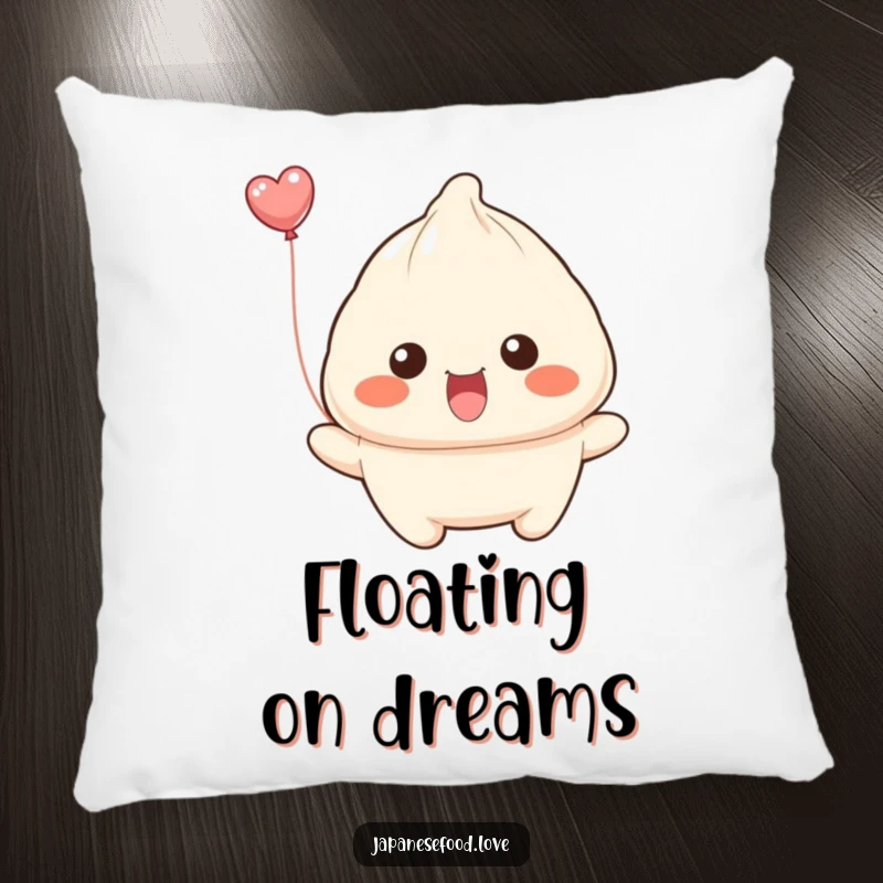 Funny dumpling with wide smile attempting to float away like a balloon on a pillow, a soft and humorous decorative item.
