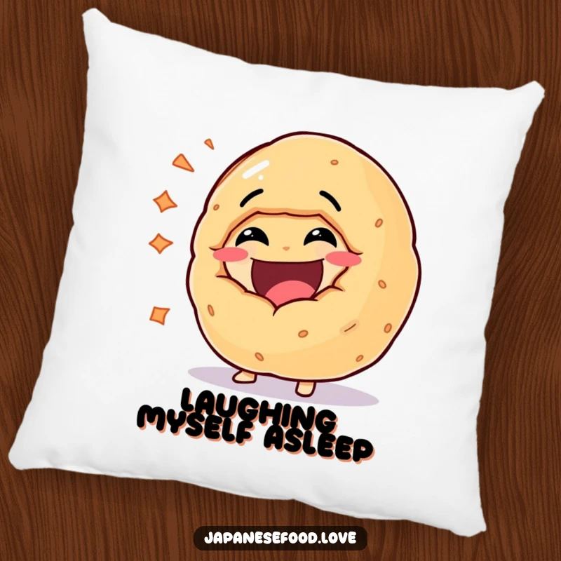 Funny pillow showcasing a cheerful fortune cookie shaped character bursting with infectious laughter, perfect for adding a touch of joy.