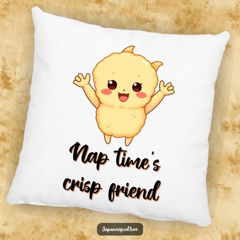 Funny pillow featuring a happy tempura piece with little arms waving enthusiastically, a humorous and cheerful food character, perfect for a funny gift.