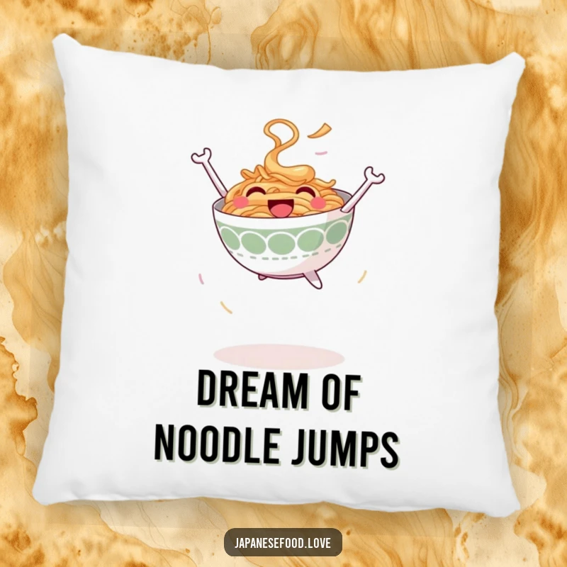 Funny Jumping Ramen Bowl Pillow: Smiling ramen bowl leaping joyfully into the air, soft decor, noodle humor, funny gift.