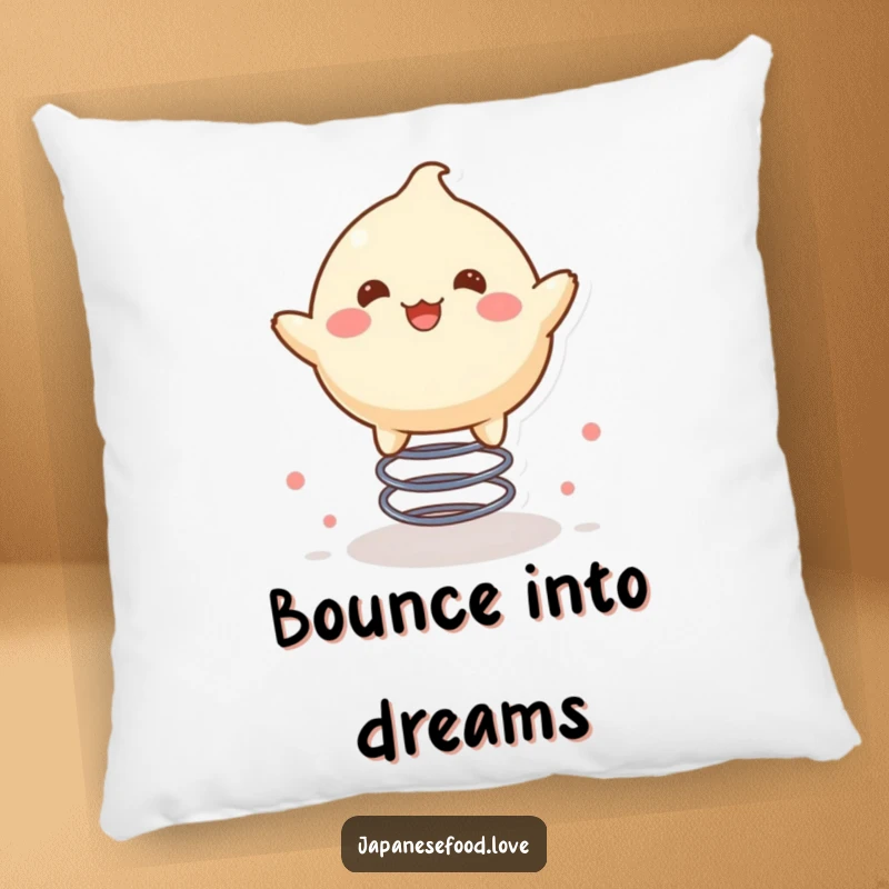 Funny pillow featuring a delighted mochi character joyfully bouncing high on a spring, perfect for cozy, happy moments.