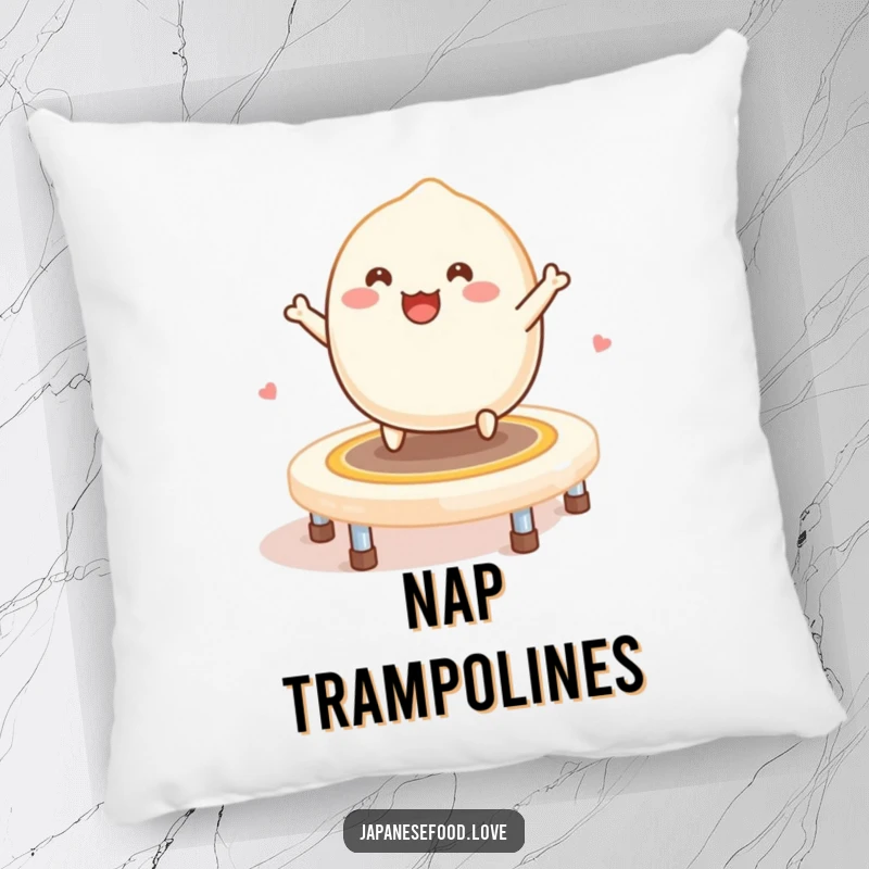 Funny Mochi Trampoline Pillow: A smiling mochi bounces happily on a trampoline made of mochi.
