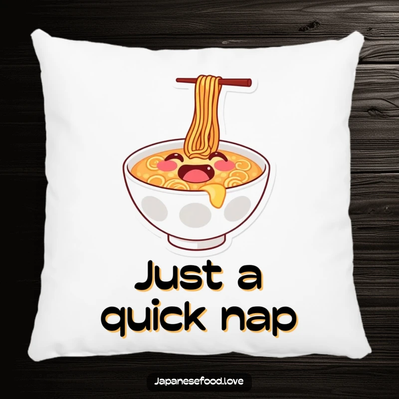 Funny pillow featuring a joyful ramen bowl with a smiley face doing a happy bounce, offering soft comfort and cheer.