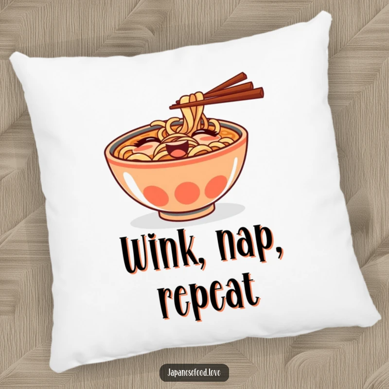 Funny pillow featuring a goofy ramen bowl with chopsticks giving a playful wink, perfect for cozy, comical moments.