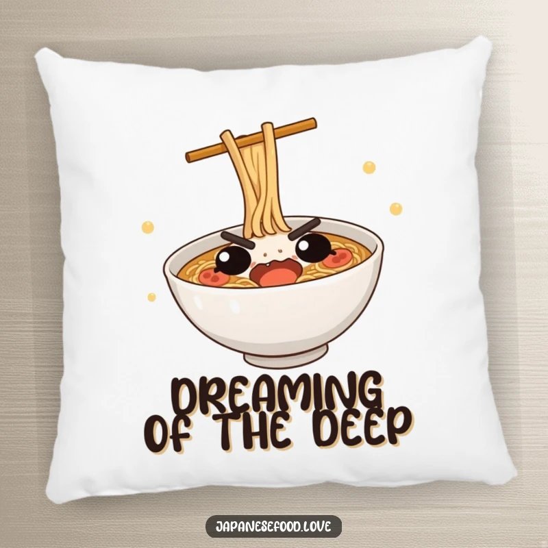 Funny Ramen Dive Pillow: A cute ramen bowl with a determined expression, humorously attempting a dive.