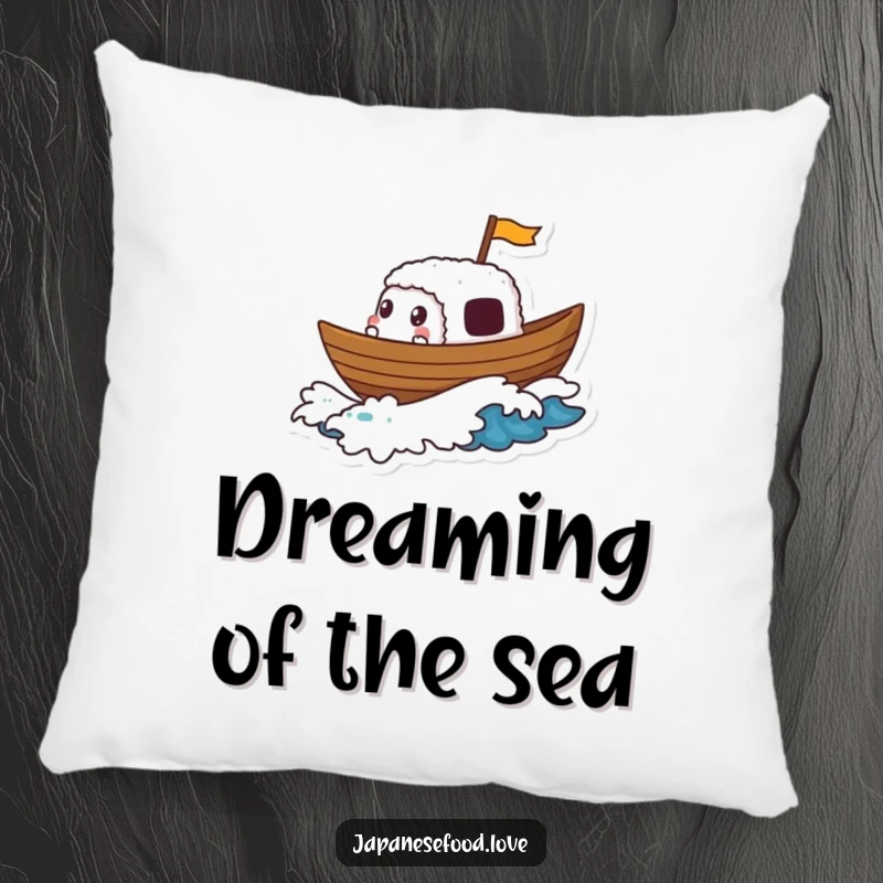Funny pillow design of a gleeful sushi boat character sailing on a foamy wave, bringing nautical charm and comfort indoors.