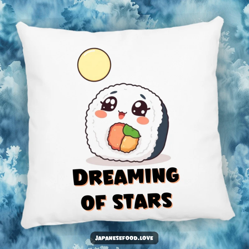 Funny Pillow featuring a sushi roll with wide eyes gazing at the moon, offering comfort and a touch of cosmic humor.