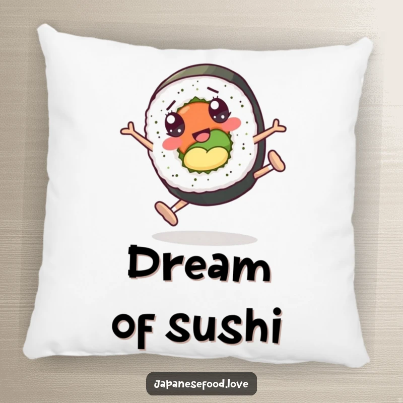 Funny pillow showcasing a sushi roll character with googly eyes in mid-cartwheel, providing comfort and cartoonish fun.