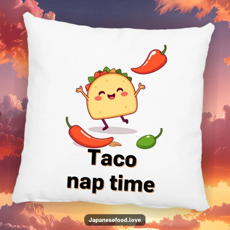 Funny pillow featuring a happy taco with tiny legs doing a silly jig near a chili pepper, offering comfort and festive humor.