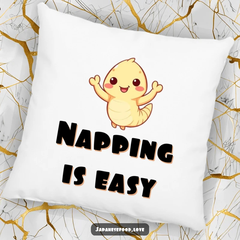 Funny Waving Tempura Shrimp Pillow: Happy tempura shrimp with tiny arms waves enthusiastically, soft decor, seafood humor, funny gift.