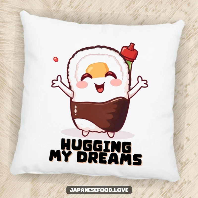 Funny pillow featuring a happy sushi roll hugging a smiling soy sauce bottle, providing soft comfort and a humorous, cute aesthetic.