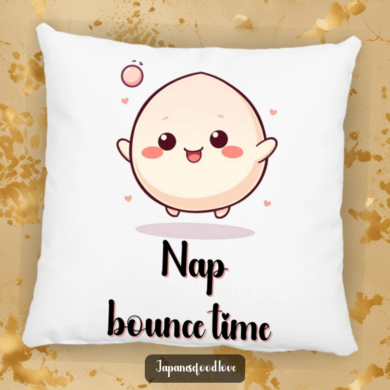 Funny Pillow showcasing a cheerful mochi character bouncing like a rubber ball, offering plush comfort and radiating energetic humor.