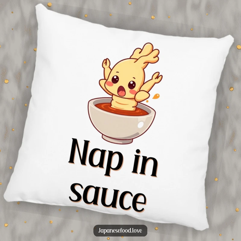 Funny tempura shrimp pillow, a startled shrimp jumping out of a sauce bowl, a soft and humorous decorative accent cushion.