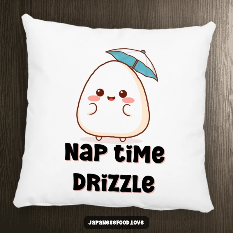 Funny surprised onigiri pillow, a plush blushing rice ball with a tiny umbrella, offering cute comfort and humor, a delightful funny gift.