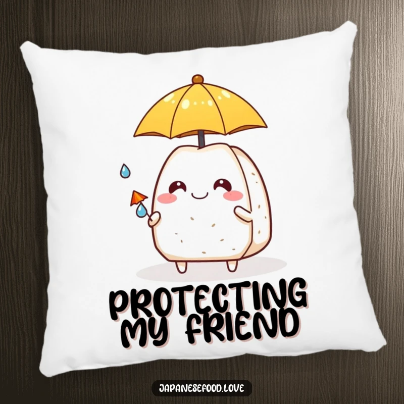 Soft pillow featuring a grinning onigiri sharing an umbrella with a tiny raindrop, a cute and funny decoration.