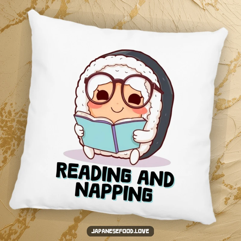 Funny Sushi Pillow: Plush pillow featuring a smiling sushi roll with spectacles, offering humorous comfort and decor.