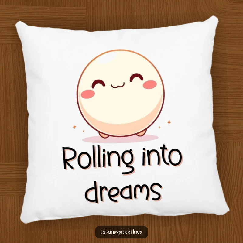 Funny pillow showcasing a giddy mochi ball character rolling with pure delight, perfect for cozy, humorous relaxation.