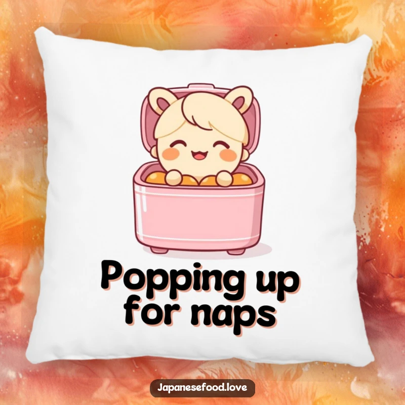 Funny pillow featuring a smiling bento box character popping out of its lid with surprise, soft and amusing.