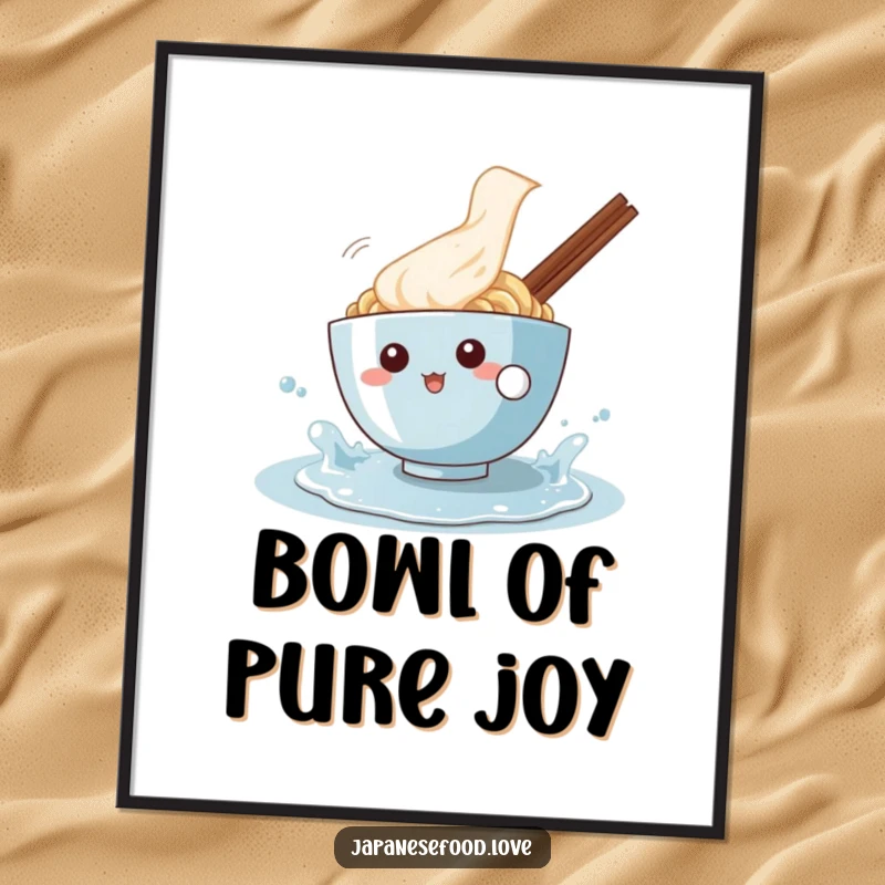 Funny digital art print of a cheerful ramen bowl character splashing in a puddle, ideal for vibrant and playful wall decor.