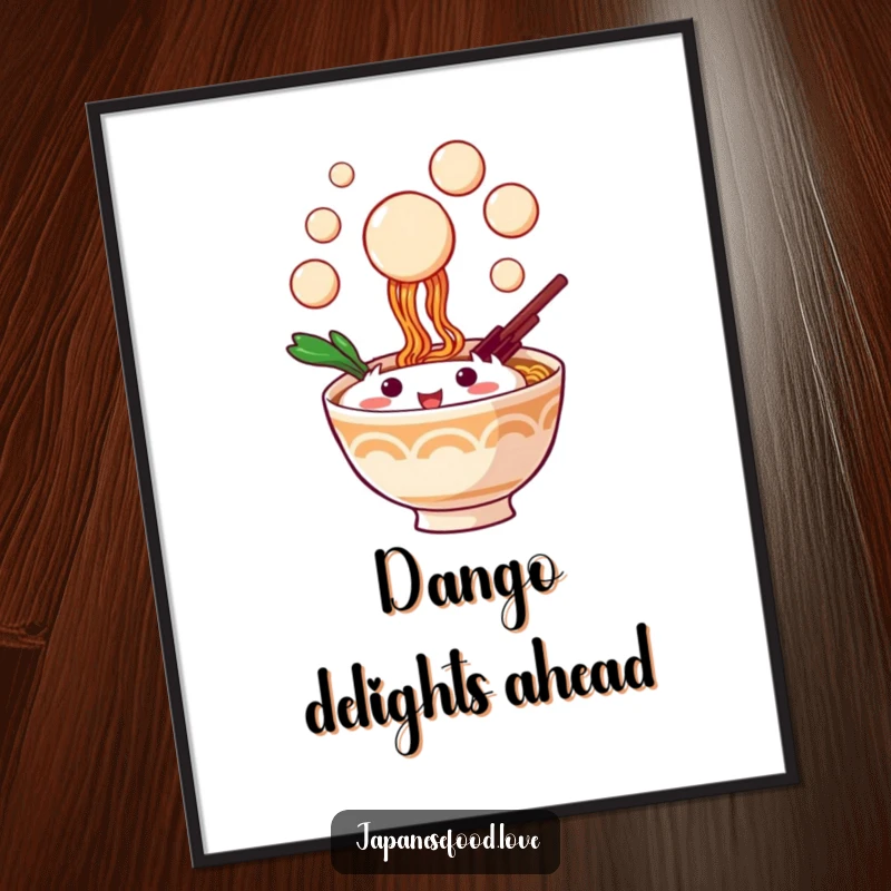 Funny printable art of a playful ramen bowl character catching dango balls, ideal for energetic wall decor.