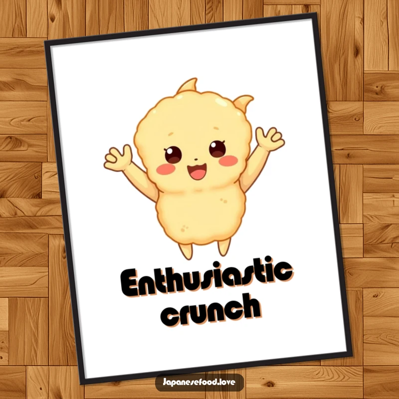 Funny digital art print of a happy tempura piece with little arms waving enthusiastically, a humorous and cheerful food character design, perfect for instant download and as a funny gift.