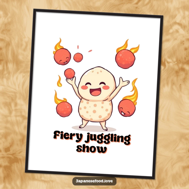 Funny digital art print of a jovial takoyaki character juggling hot octopus balls, ready for instant download and wall display.