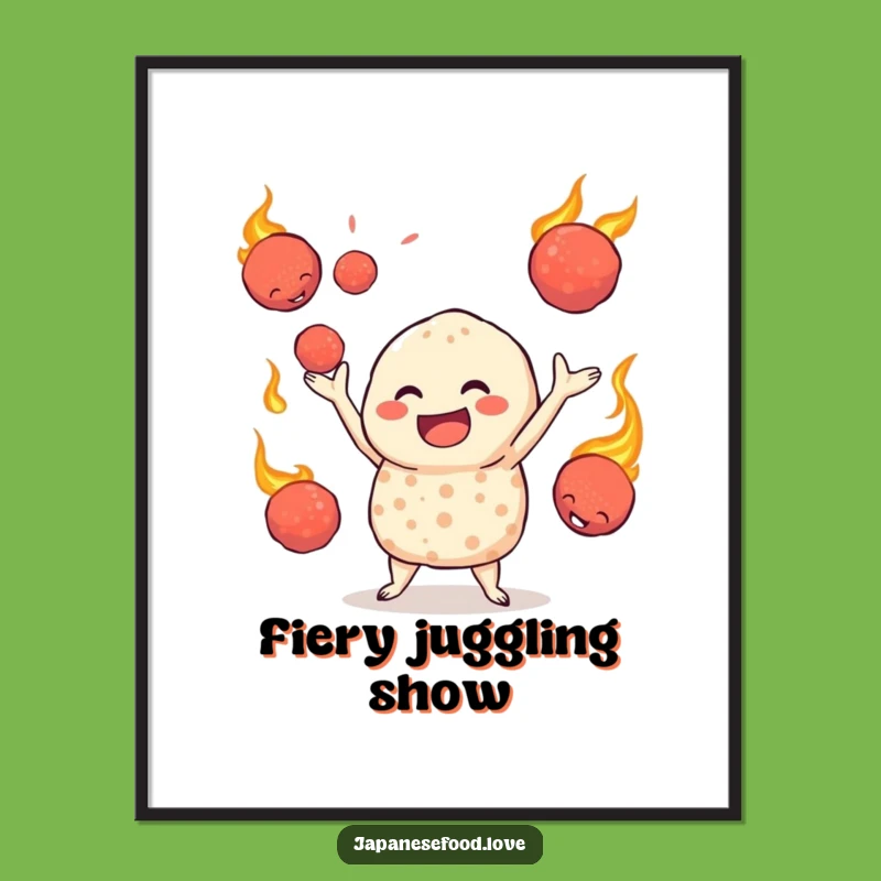 Funny Jovial Takoyaki Digital Print, Fiery Juggling Art for Instant Decor