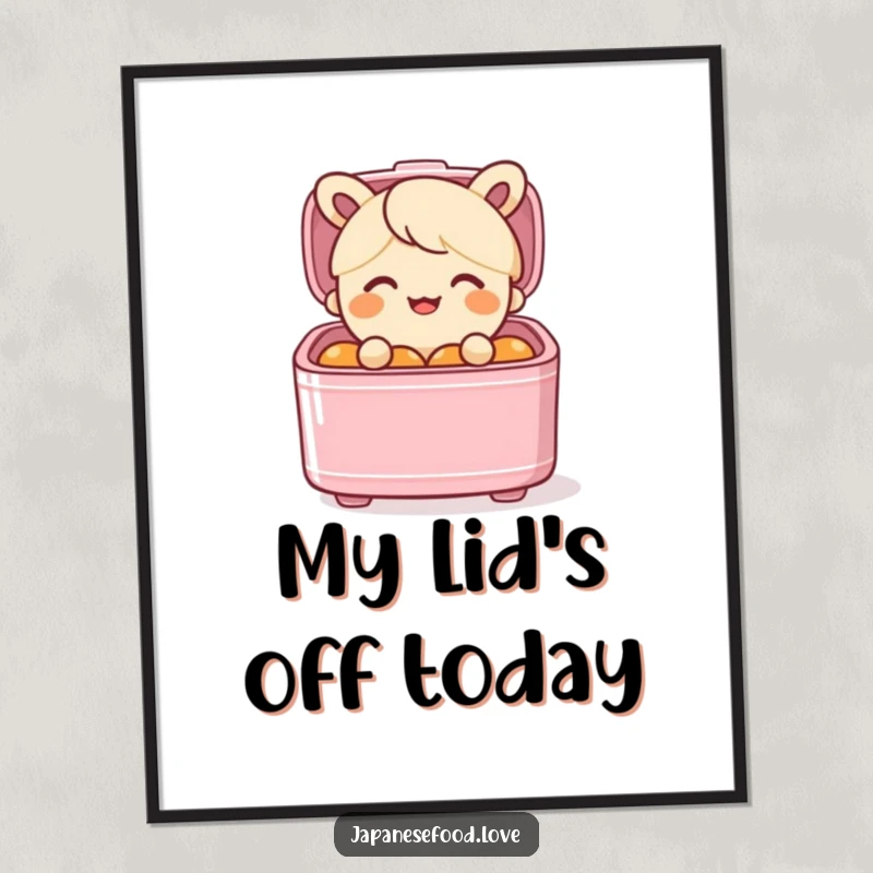 Funny digital art print of a smiling bento box character popping out of its lid with surprise, a humorous food character.