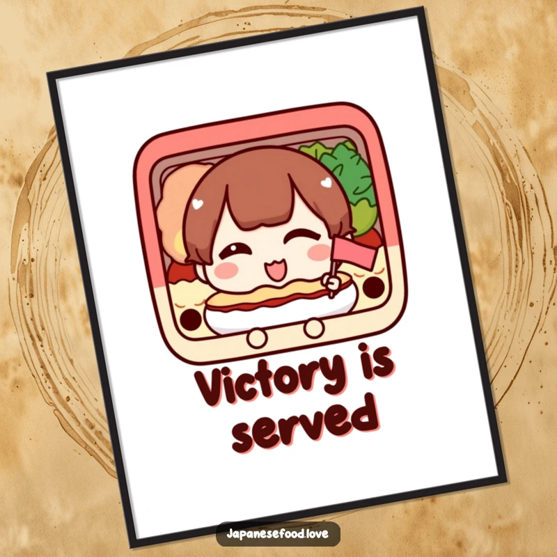 Funny printable art of a happy bento box character winking and holding a flag, ideal for cheerful wall decor.