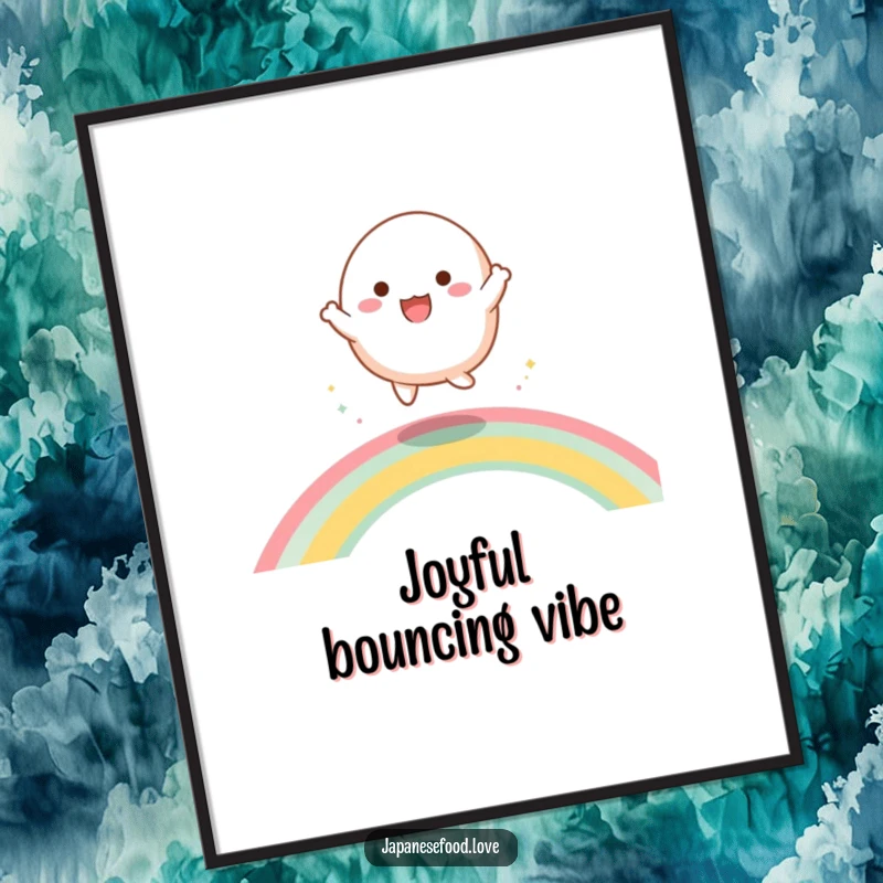Funny digital art print of a happy mochi character energetically dancing and bouncing on a bright, colorful rainbow.